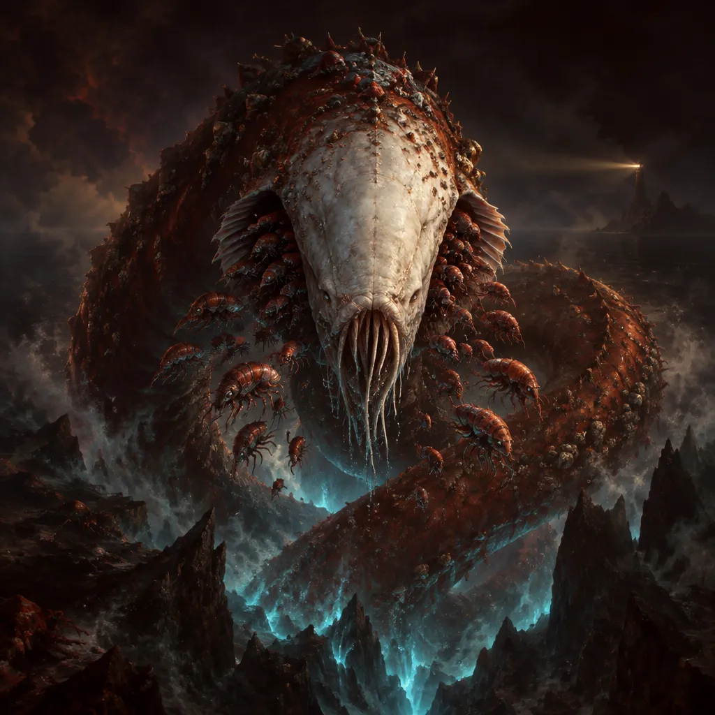 The Undertow, makhluk mirip belut raksasa berkulit karat bertabur teritip dengan kepala pucat tanpa mata, melingkar keluar dari celah dasar laut yang berpendar. Makhluk kecil berjatuhan dari insangnya.